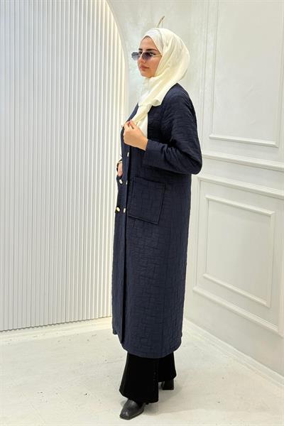 Kruvaze Yaka Kapitone Büyük Beden Kap Lacivert OTW5191
