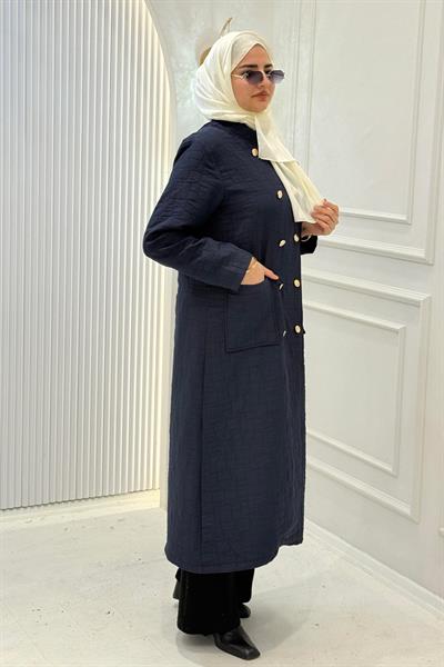 Kruvaze Yaka Kapitone Büyük Beden Kap Lacivert OTW5191