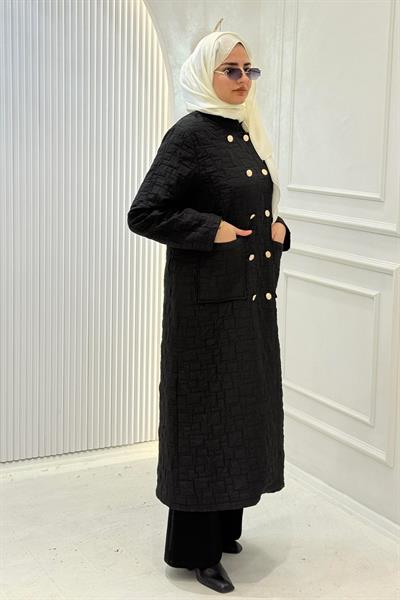 Kruvaze Yaka Kapitone Büyük Beden Kap Siyah OTW5191