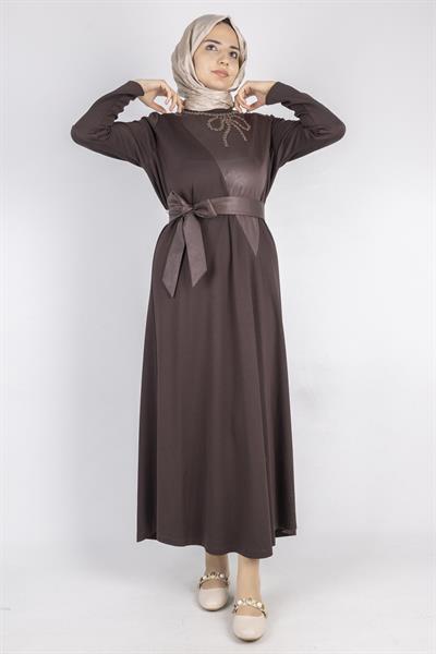 Kurdele Kuşak Ve Taş Detaylı Elbise Kahve OTW1741
