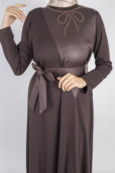 Kurdele Kuşak Ve Taş Detaylı Elbise Kahve OTW1741
