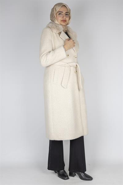 Kürk Yakalı Kuşaklı Uzun Kaşe Kaban Krem OTW6572