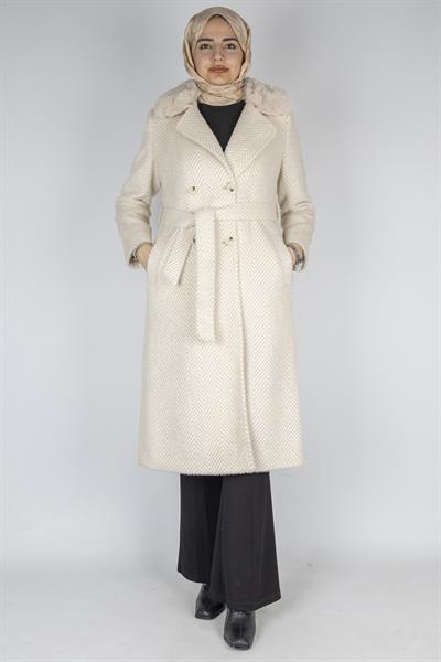 Kürk Yakalı Kuşaklı Uzun Kaşe Kaban Krem OTW6572