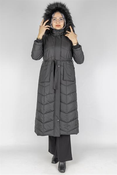 Kürklü Kapüşonlu Uzun Şişme Mont Siyah OTW36313