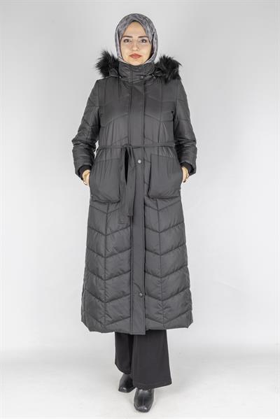 Kürklü Kapüşonlu Uzun Şişme Mont Siyah OTW36313
