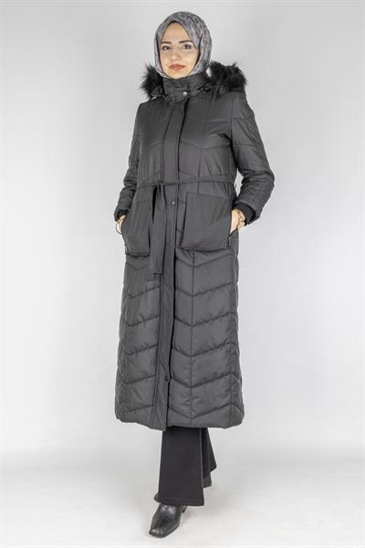 Kürklü Kapüşonlu Uzun Şişme Mont Siyah OTW36313