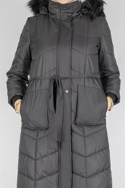 Kürklü Kapüşonlu Uzun Şişme Mont Siyah OTW36313