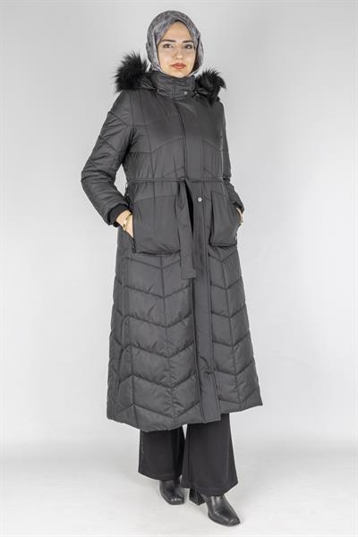 Kürklü Kapüşonlu Uzun Şişme Mont Siyah OTW36313