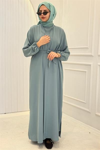 Kuşaklı Abaya Takım Su Yeşili OTW8630