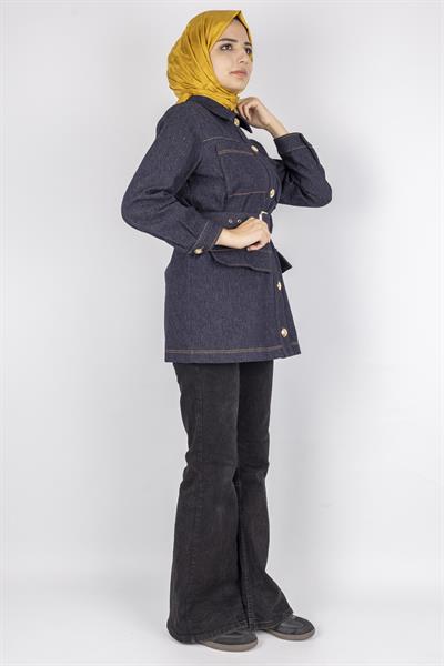 Kuşaklı Cepli Denim Ceket Mavi OTW9263