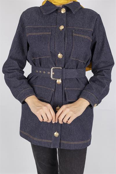 Kuşaklı Cepli Denim Ceket Mavi OTW9263