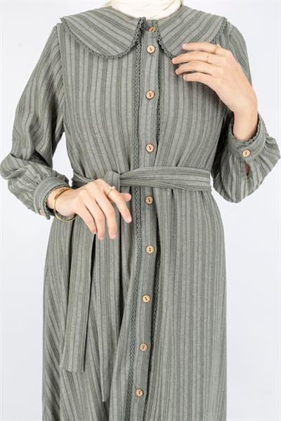 Kuşaklı Rahat Kesim Çizgili Bebe Yaka Elbise Yeşil OTW7897