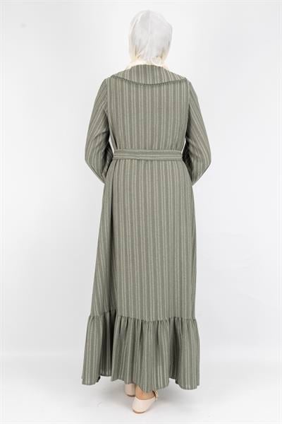 Kuşaklı Rahat Kesim Çizgili Bebe Yaka Elbise Yeşil OTW7897