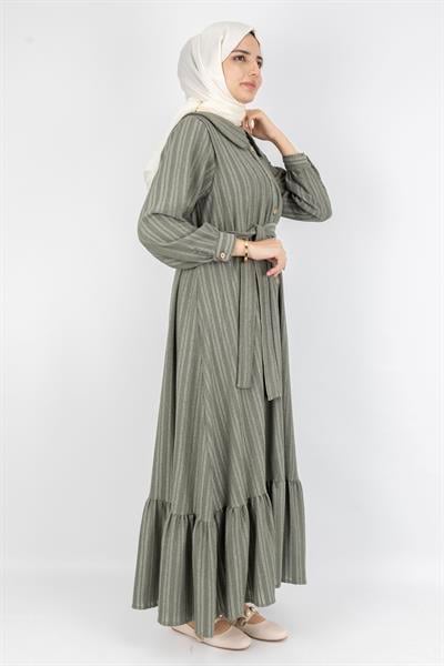 Kuşaklı Rahat Kesim Çizgili Bebe Yaka Elbise Yeşil OTW7897