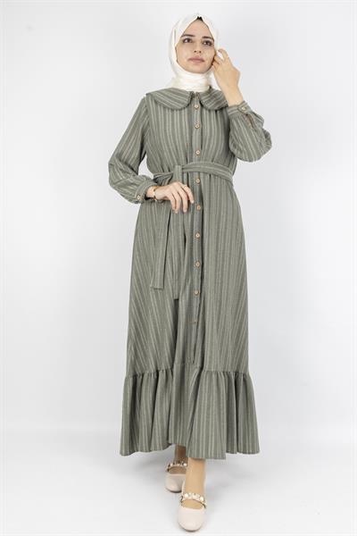 Kuşaklı Rahat Kesim Çizgili Bebe Yaka Elbise Yeşil OTW7897