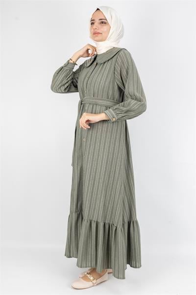 Kuşaklı Rahat Kesim Çizgili Bebe Yaka Elbise Yeşil OTW7897