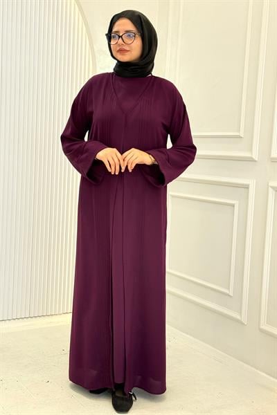 Kuşaklı Tesettür Abaya Takım Mor OTW8628