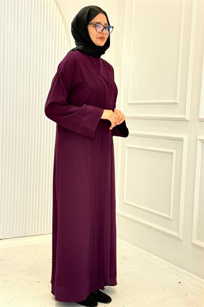 Kuşaklı Tesettür Abaya Takım Mor OTW8628