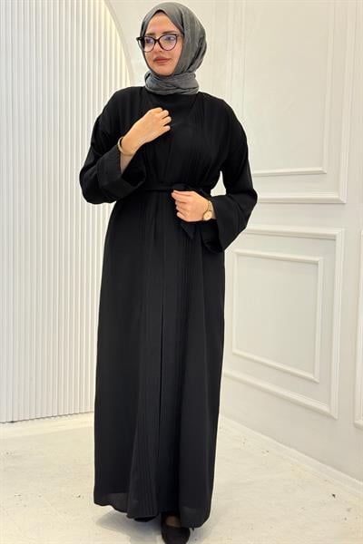 Kuşaklı Tesettür Abaya Takım Siyah OTW8628
