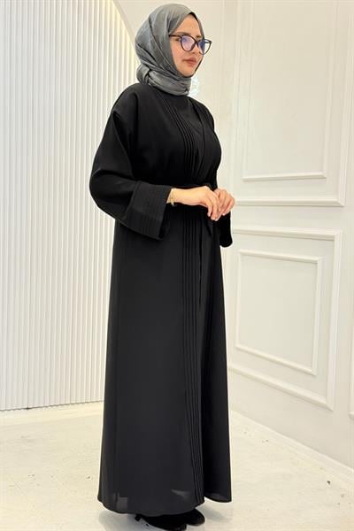 Kuşaklı Tesettür Abaya Takım Siyah OTW8628