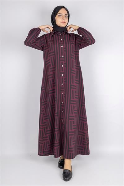 Labirent Desen Salaş Elbise Bordo OTW2191
