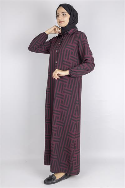 Labirent Desen Salaş Elbise Bordo OTW2191