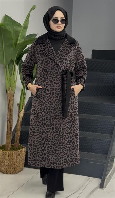 Leopar Bağlamalı Kaban Kahve OTW3040