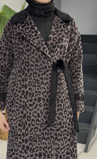 Leopar Bağlamalı Kaban Kahve OTW3040