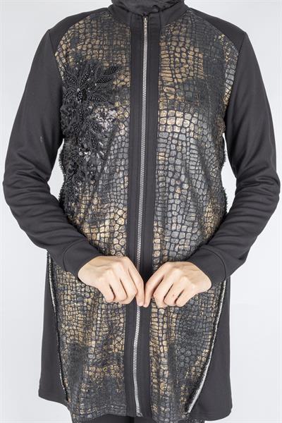 Leopar Desen Nakış Detaylı Fermuarlı Ceket Siyah OTW4024