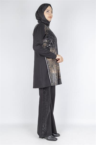 Leopar Desen Nakış Detaylı Fermuarlı Ceket Siyah OTW4024