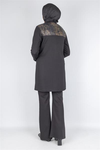 Leopar Desen Nakış Detaylı Fermuarlı Ceket Siyah OTW4024