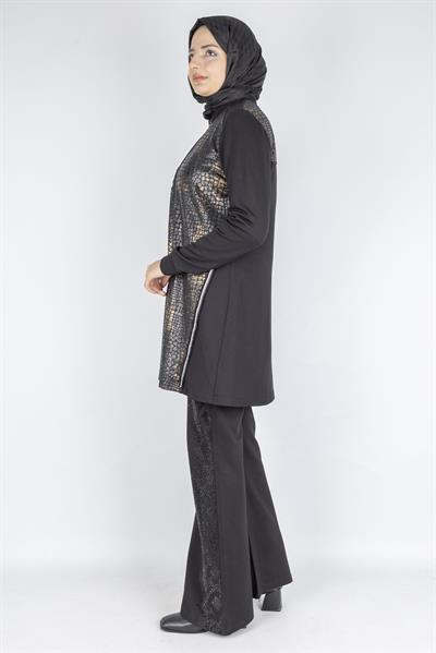 Leopar Desen Nakış Detaylı Fermuarlı Ceket Siyah OTW4024