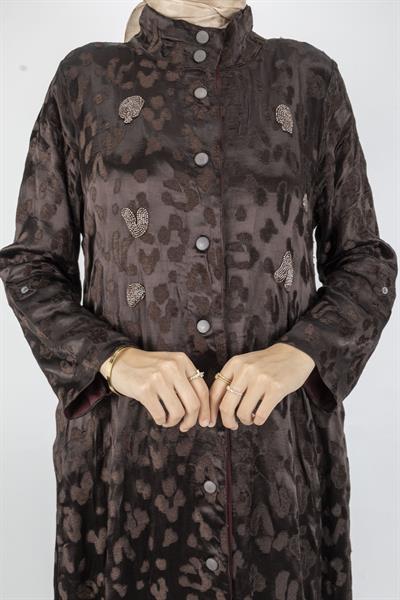 Leopar Desenli Düğmeli Uzun Tesettür Elbise Kahve OTW6038