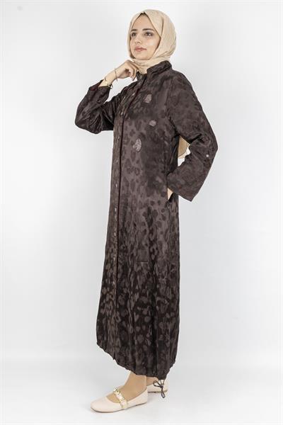 Leopar Desenli Düğmeli Uzun Tesettür Elbise Kahve OTW6038