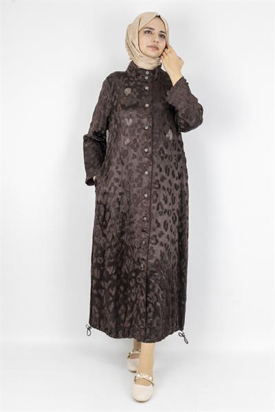 Leopar Desenli Düğmeli Uzun Tesettür Elbise Kahve OTW6038