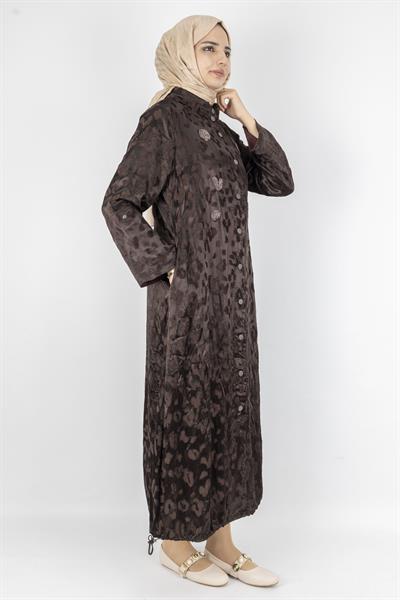 Leopar Desenli Düğmeli Uzun Tesettür Elbise Kahve OTW6038
