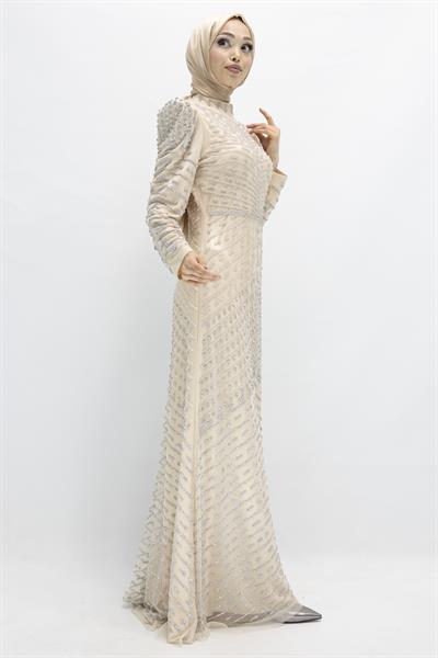 Likalı Tül Abiye Elbise Gold OTW3108