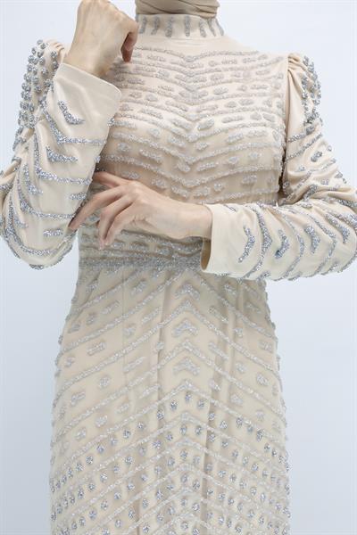 Likalı Tül Abiye Elbise Gold OTW3108