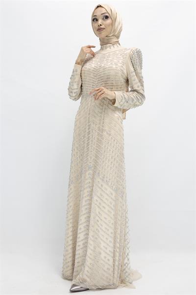 Likalı Tül Abiye Elbise Gold OTW3108