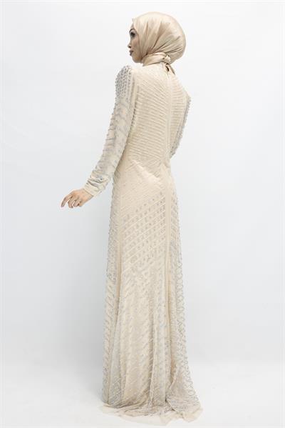 Likalı Tül Abiye Elbise Gold OTW3108