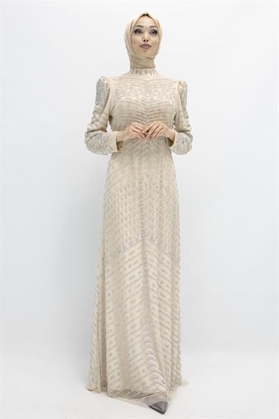 Likalı Tül Abiye Elbise Gold OTW3108