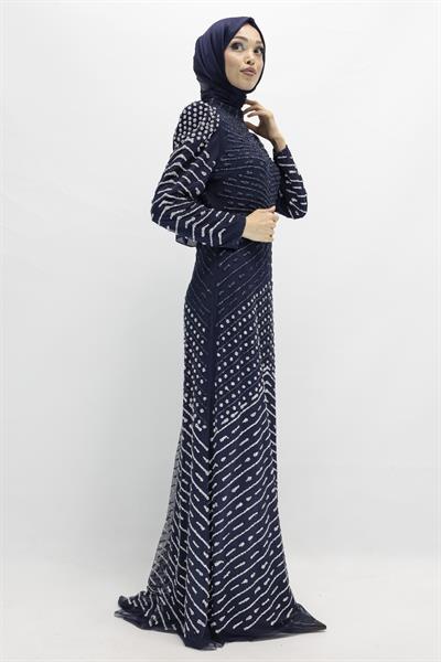 Likalı Tül Abiye Elbise Lacivert OTW3108