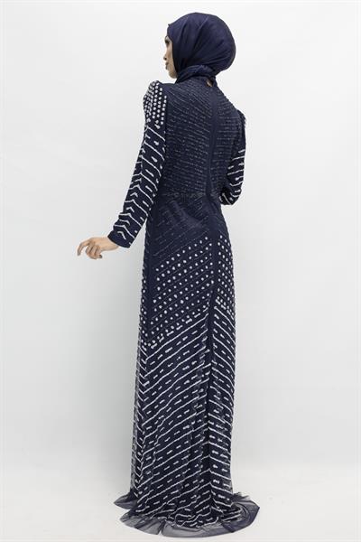 Likalı Tül Abiye Elbise Lacivert OTW3108