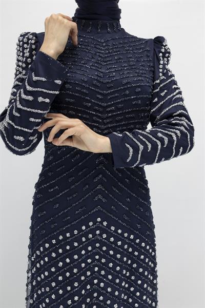 Likalı Tül Abiye Elbise Lacivert OTW3108