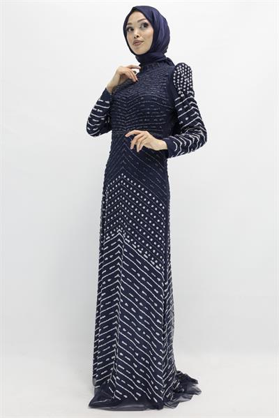Likalı Tül Abiye Elbise Lacivert OTW3108