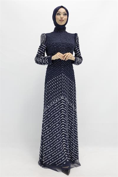 Likalı Tül Abiye Elbise Lacivert OTW3108