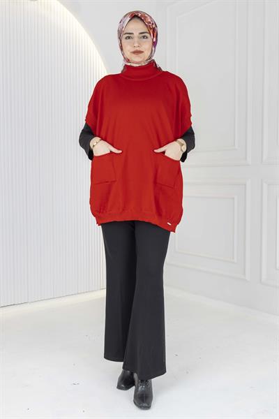 Merserize Triko Kolsuz Tunik Kırmızı OTW127