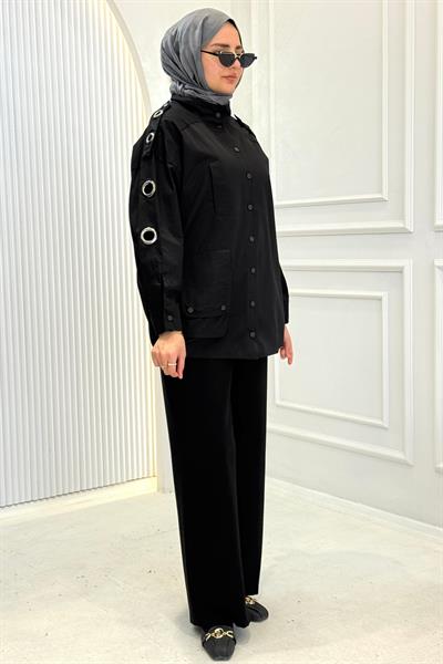 Metal Halka Detaylı Büyük Beden Ceket Siyah OTW9593