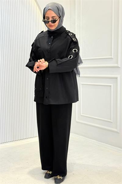 Metal Halka Detaylı Büyük Beden Ceket Siyah OTW9593