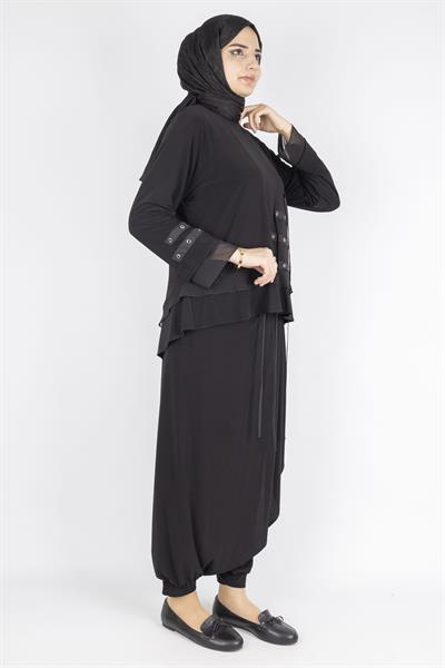 Metal Halkalı Şalvarlı Tesettür Takım Siyah OTW45803
